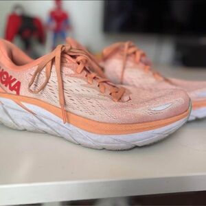 Hoka ‘Clifton 8’ Peach and White Athletic Shoes